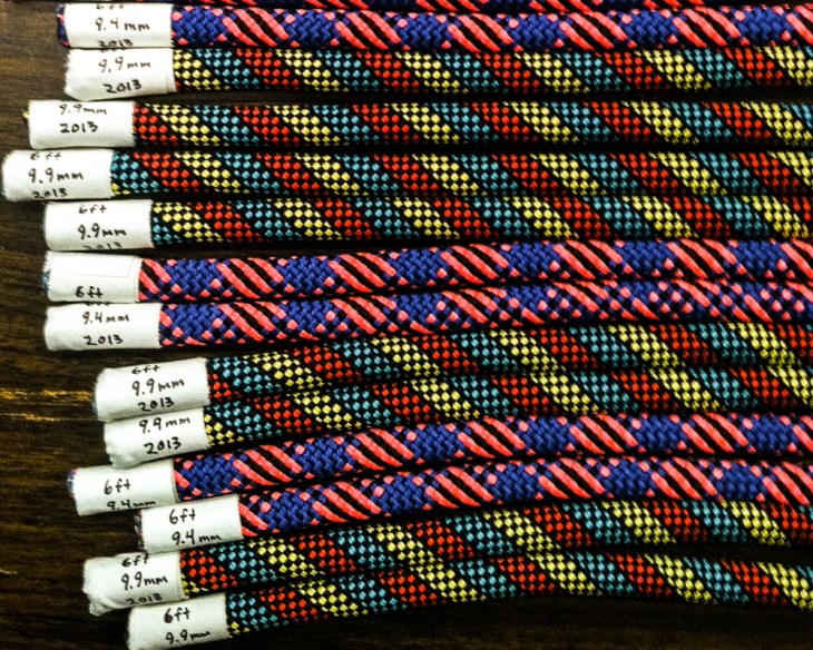Lanyard lengths cut from dynamic climb line and labeled accordingly with length, diameter, and date of service.